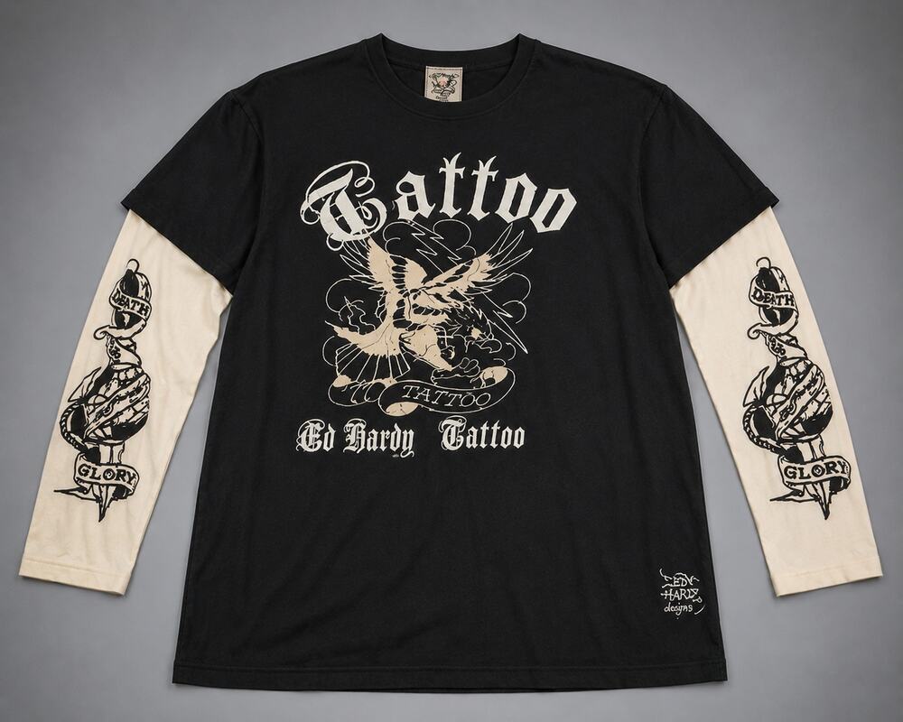 Y2K Ed Hardy Tattoo Layered Thermal Long Sleeve Graphic T-Shirt Men XXL